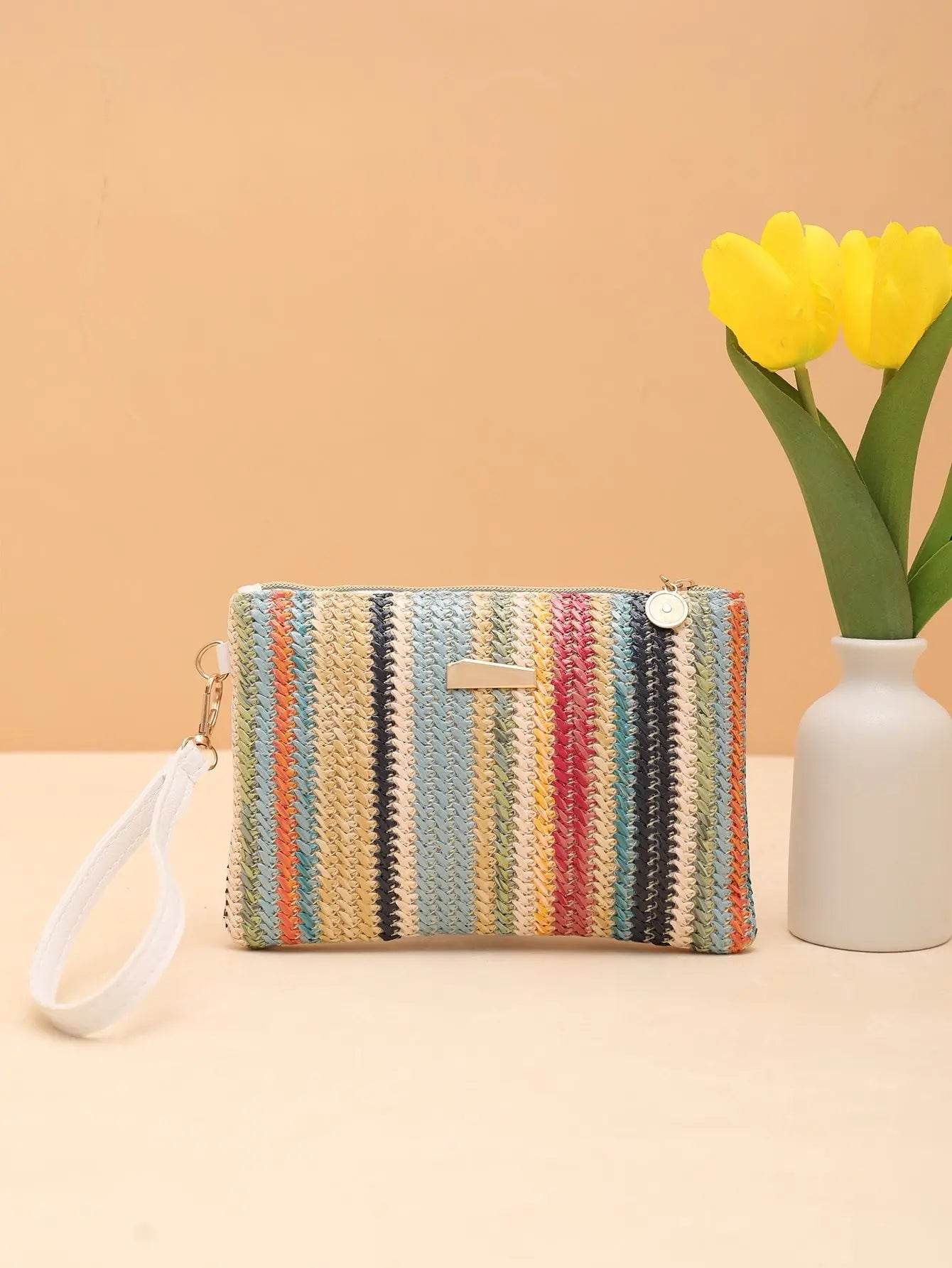 Rattan Knitting Women Straw Bags Fashion Colorful Summer Beach Clutch Bag Female Woven Wristlet Bag Wallet Money Coin Purse