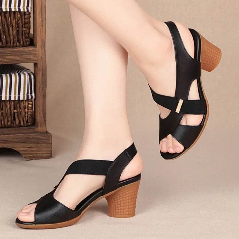Women Summer Sandals Platform Round Mid Heel Back Strap Peep Toe Pu Leather Beach Casual Fashion Shoes Ladies Female 2023 - Imbasat