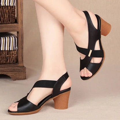 Women Summer Sandals Platform Round Mid Heel Back Strap Peep Toe Pu Leather Beach Casual Fashion Shoes Ladies Female 2023