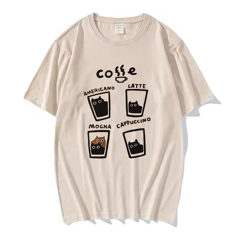 Cat Coffee O-Neck T-shirts Summer