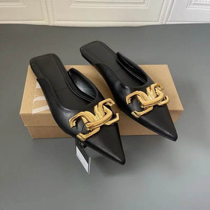 2024 New Summer Women Sandals Shoes Fashion Metal Chain Flats Pointed Toe Women's Slippers Ladies Casual Shoes Outside Slides - Imbasat