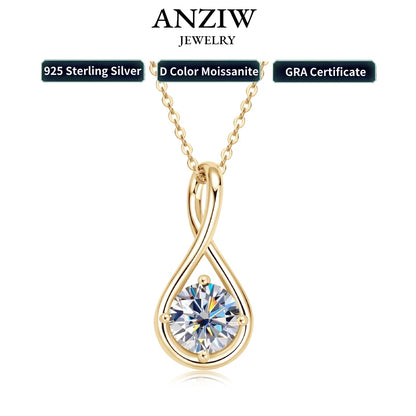 18K Gold Plated Solitaire Round 8mm 2ct Moissanite Infinity Pendant Necklace 925 Sterling Silver Women Teardrop D Color Diamond