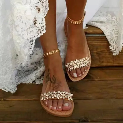 Summer Flat Sandals Women Bohemian Style Shoes Casual 2022 Beach Wedding Sandals Shoes Plus Size Rhinestone Open Toe