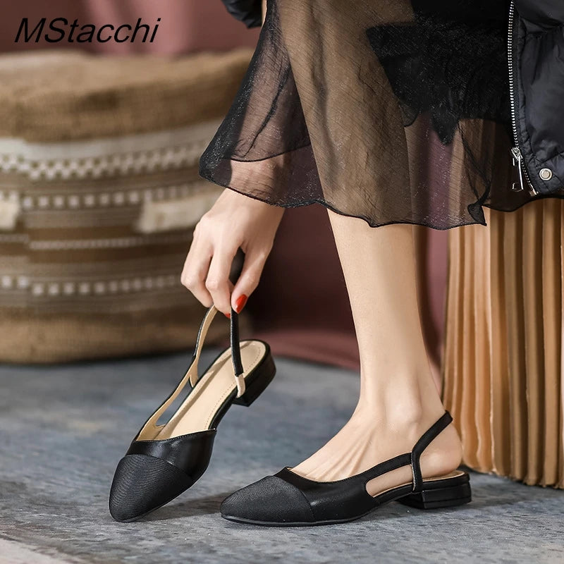 Patchwork Leather Slingbacks Women's Sandals Fashion Flat Heel Formal Ladies Shoes Sexy Party Sandals Dress Wedding Party Shoes