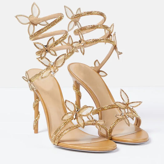 Luxury Crystal Embellished Butterfly Detail Women Sandals Sexy Coiled Strap High heels Gladiator Sandals Summer Party prom Shoes - Imbasat