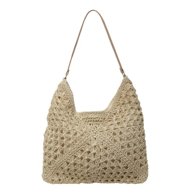 Women Straw Tote Bag Large Capacity Vintage Vacation Shoulder Bag Everything Casual Handbag Designer Hollow Summer Beach Bag - Imbasat