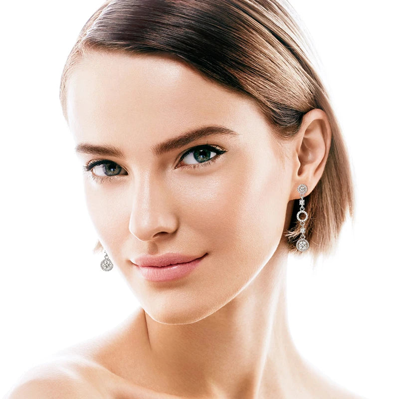 Anziw 2024 Long Stud Earrings Real 925 Silver 2CTW. Round Moissanite Dangle Earrings