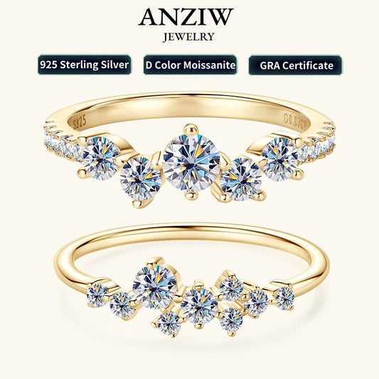 Anziw Real S925 Ring Cluster Moissanite Sterling Silver Wedding Engagement Finger Rings Fashion Band for Women Fine Jewelry GRA