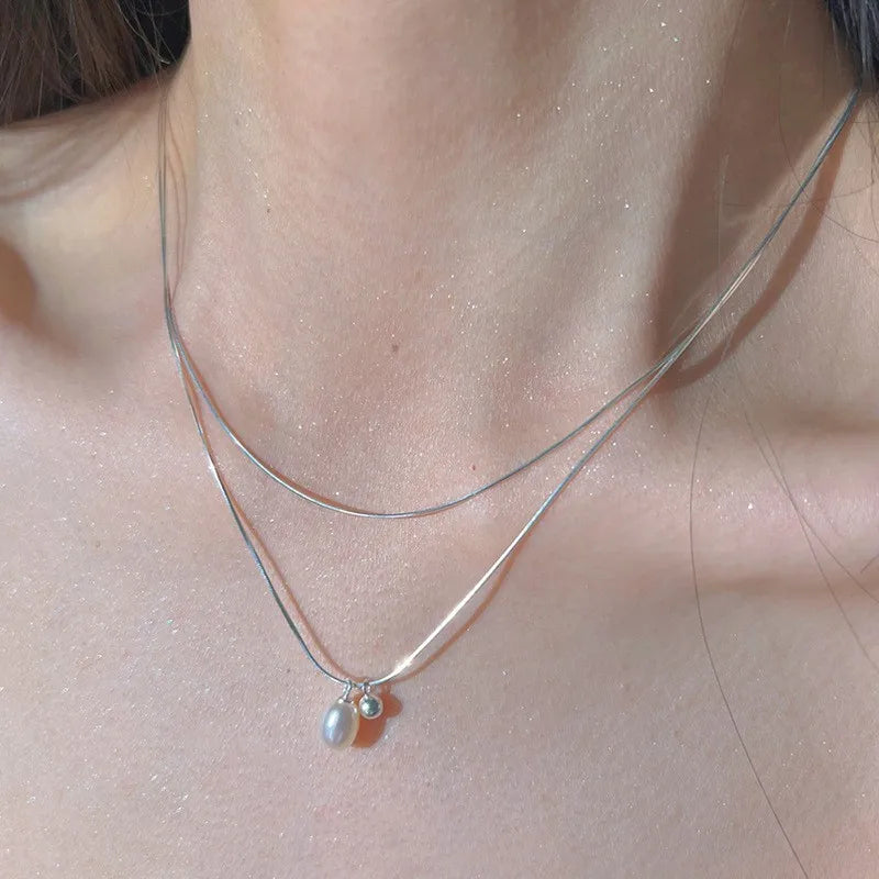 925 Silver Pearl Simple Elegant Thin Chain Pendant Necklace