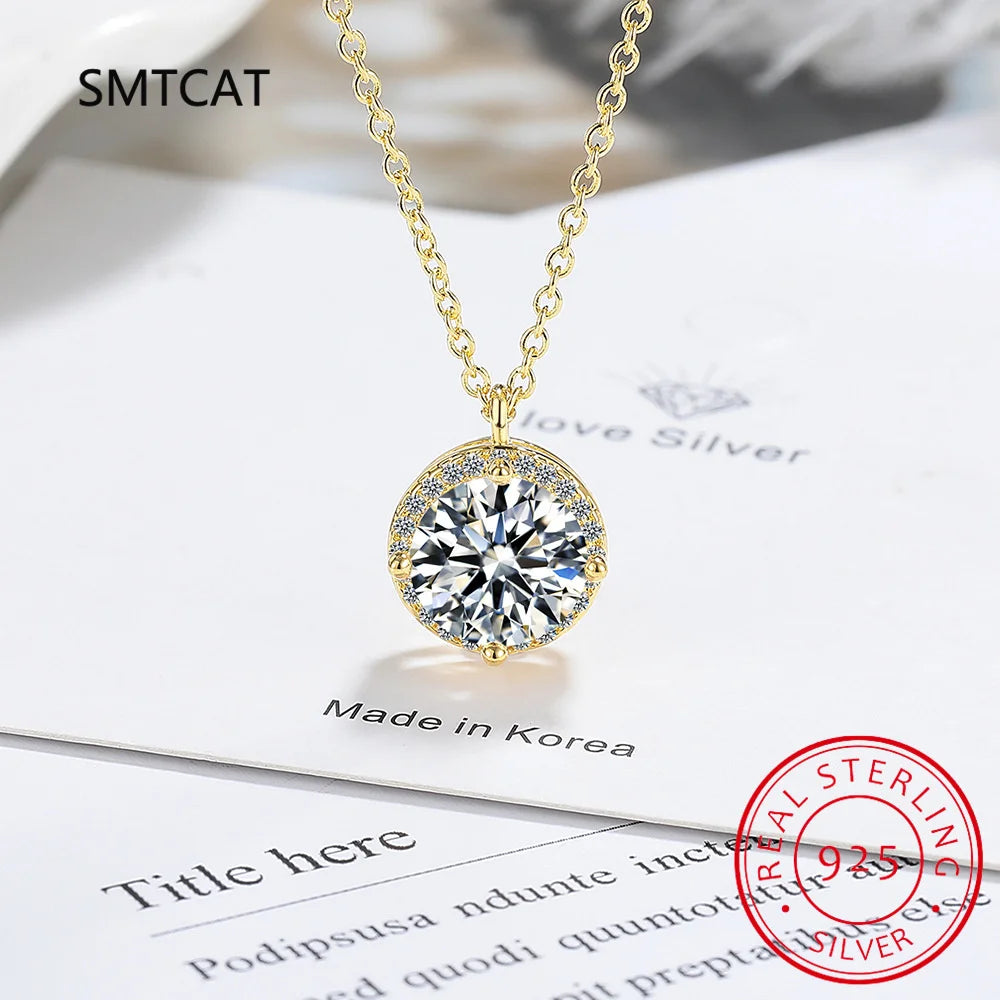 Luxury Certified Moissanite Diamond Classic Round Pendant Necklace for Women Real 925 Sterling Silver Chain Wedding Jewelry