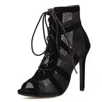 Black Net Fabric Cross Strap High Heel Lace-up Peep Toe