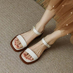 French Vintage Brown Sandals 24 Summer Low Heel Roman Shoes with Open Toe Stripe Simple and Comfortable Flat Bottom Women Shoes - Imbasat