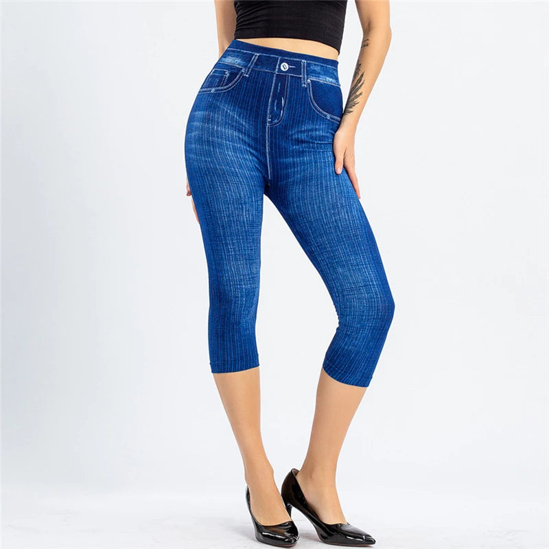 High Waist Skinny Jeans Knee Length Denim Capri Pants