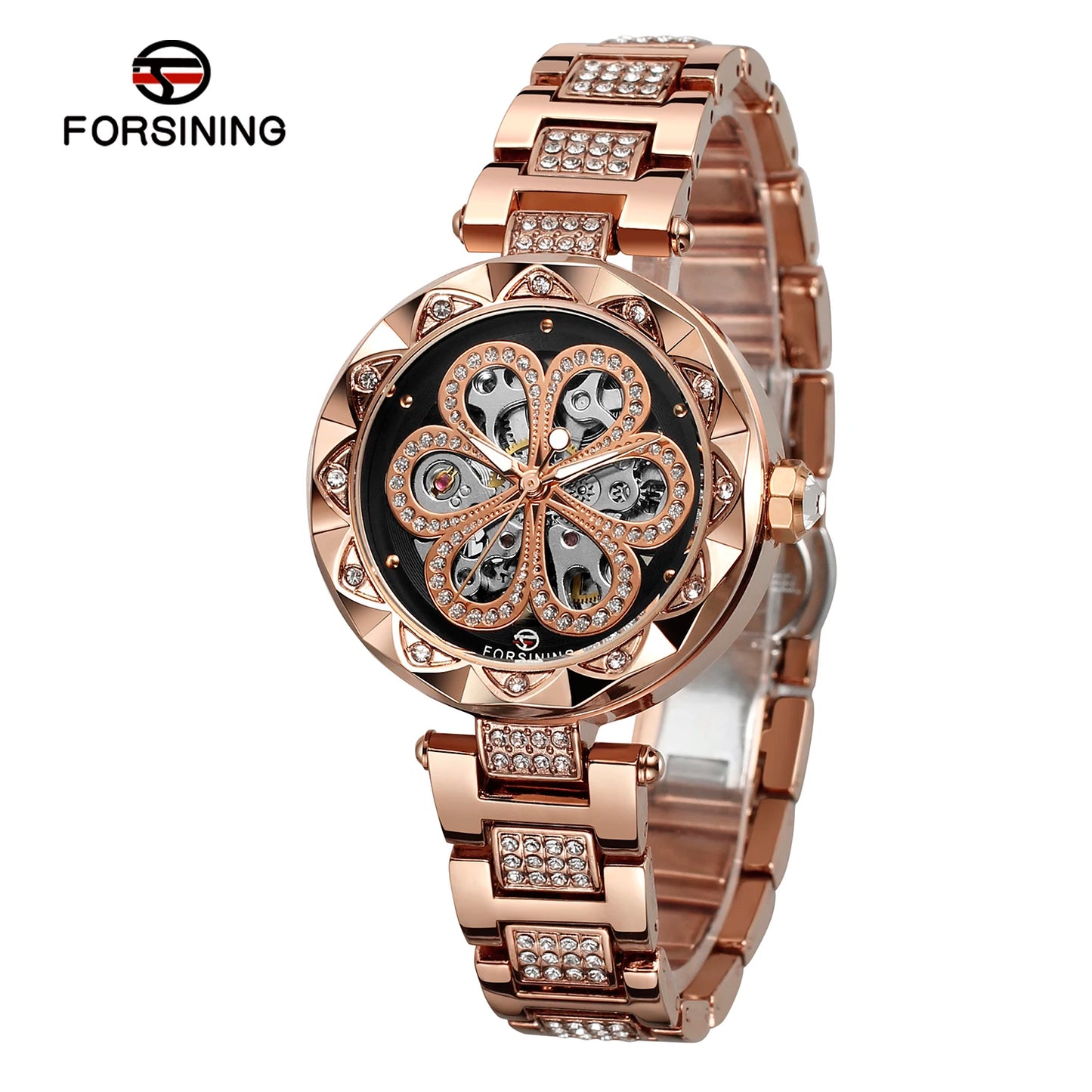 Forsining Skeleton Watch for Women Fashion Classics Diamond Automatic Mechanical Watches Luminous Hands Stainless Steel Strap