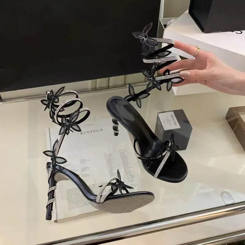 Luxury Crystal Embellished Butterfly Detail Women Sandals Sexy Coiled Strap High heels Gladiator Sandals Summer Party prom Shoes - Imbasat