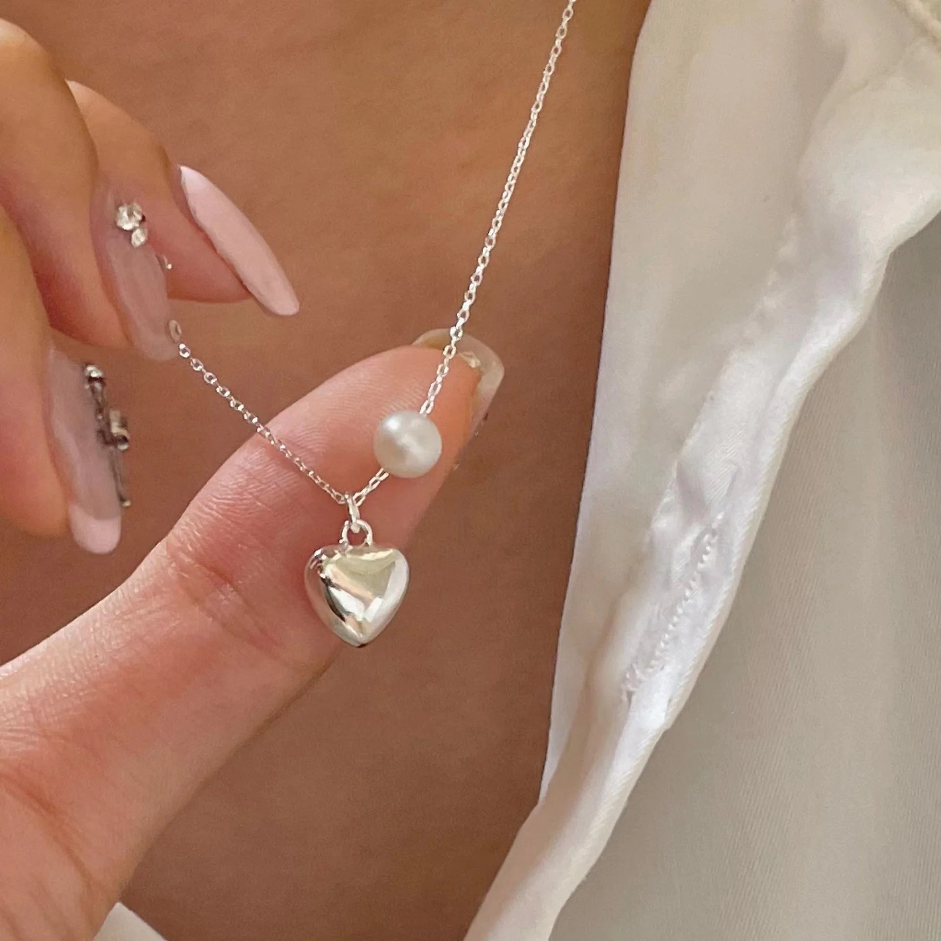 925 Silver Pearl Simple Elegant Thin Chain Pendant Necklace