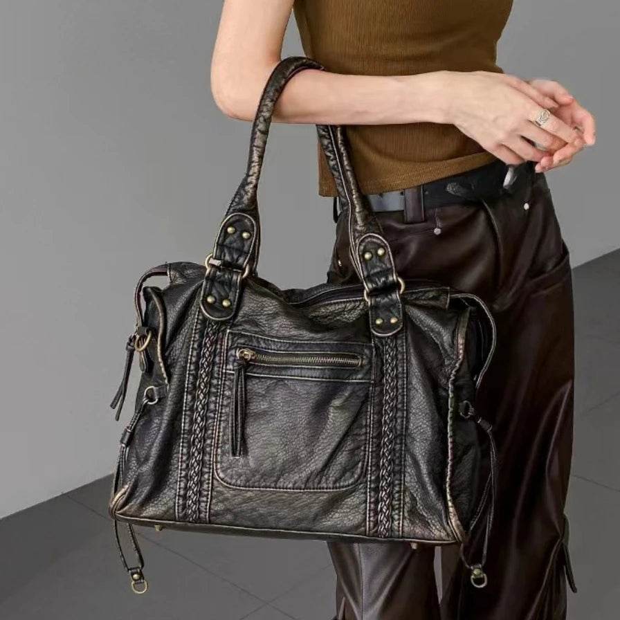 Y2K Spicy Girl One Shoulder Crossbody Bag Vintage Washed Leather Motorcycle Bag Large Capacity Bag - Imbasat