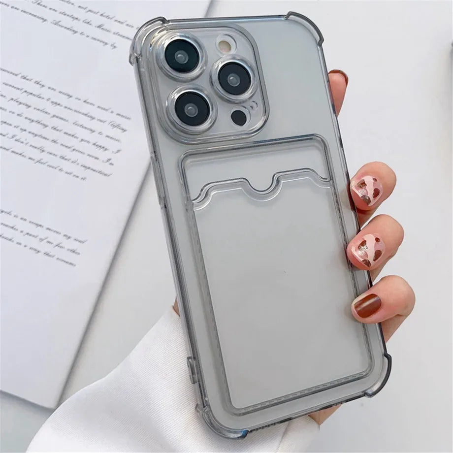 Transparent Card Slot Bag Holder Case For iPhone 16 15 14 13 12 11 Pro Max Mini X XR 7 8 Plus Clear Wallet Shockproof Soft Cover