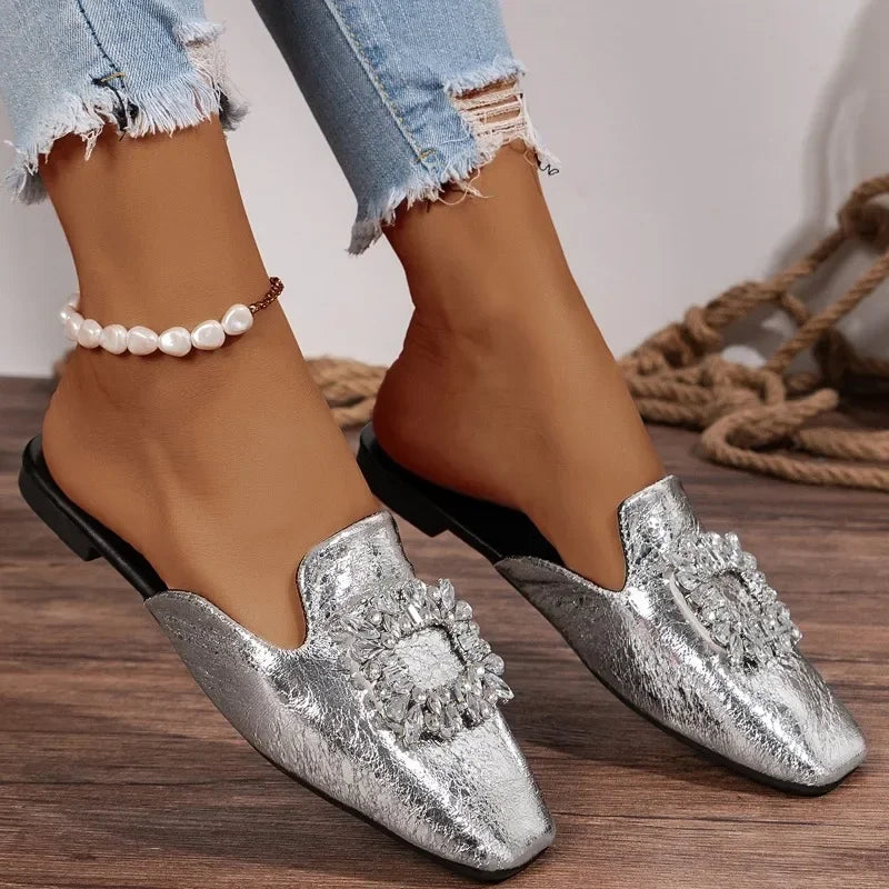 Women's Slippers 2024 Spring Autumn New Mules Slippers Luxurious Rhinestone Design Ladies Flat Slippers Pantuflas De Mujer