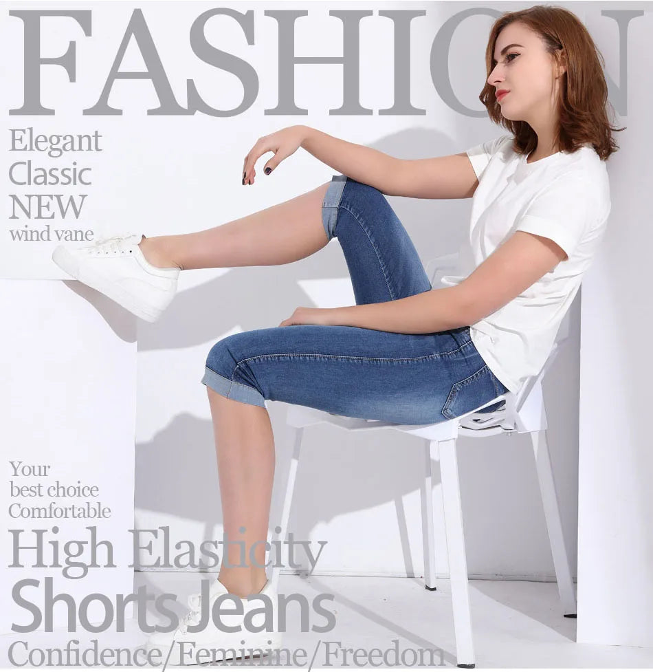Summer Woman's Jeans Cropped Trousers Skinny Knee Length