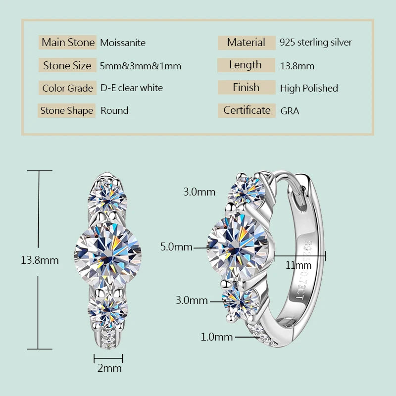 Anziw Real 925 Silver 5mm Round Moissanite Three Stone Earrings Small Hoop