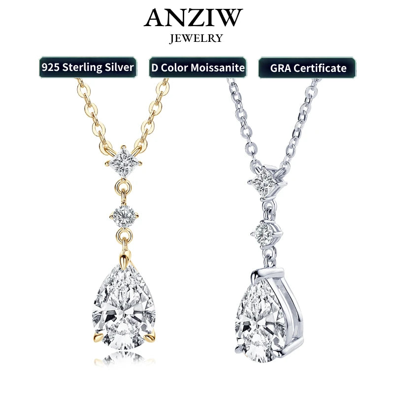 2ct Pear Cut Moissanite Waterdrop 925 Silver Adjustable Chain Necklaces