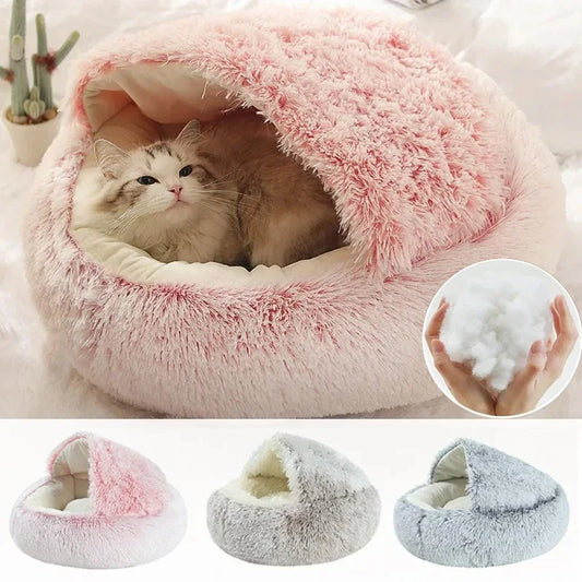 Winter Soft Plush Pet Bed with Cover Round Cat Bed Pet Mattress Warm Cat Dog Sleeping Nest Cave for Small Dogs Kitten 2 in 1