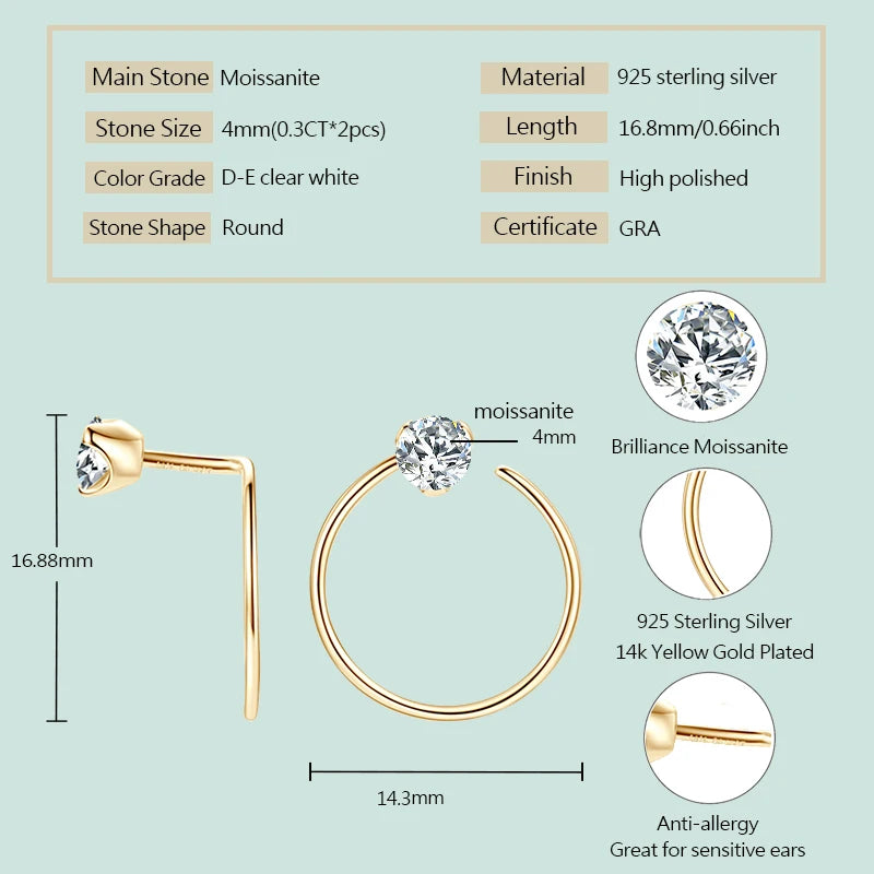Anziw 925 Silver Circle Piercing Earrings 4mm 0.3ct Moissanite Earring