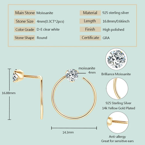 Anziw 925 Silver Circle Piercing Earrings 4mm 0.3ct Moissanite Earring