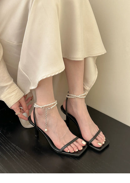 Low Heel Sandals Woman Leather Suit Female Beige Silver Summer High Heels Low-heeled Fashion Comfort Girls High-heeled Sandals