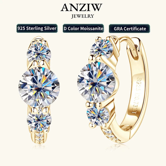 Anziw Real 925 Silver 5mm Round Moissanite Three Stone Earrings for Women 2024 New Small Hoop Wedding Jewelry Valentine Day Gift