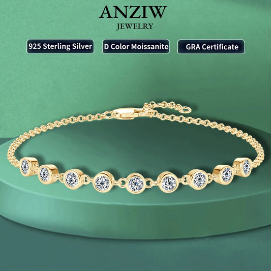 Anziw Real 925 Silver Bubble Bracelet 3mm Bezel Round Cut D Color Moissanite Bracelet for Women Jewelry Gifts with Certificate