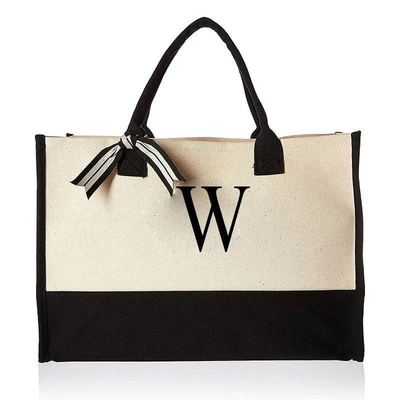 A-Z Canvas Totes bag Fashion Canvas Tote Letters Flower Portable Beach Shoulder Shopping Casual Beach Bag Large Capacity Handbag - Imbasat