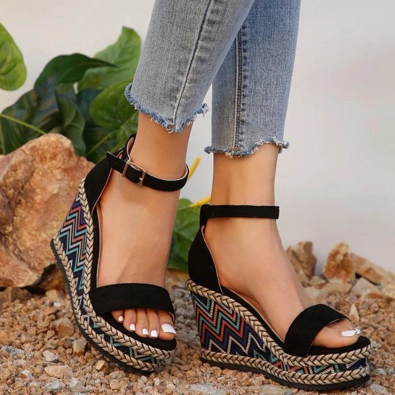 2024 Summer New European and American Fashion Simple Ethnic Style Slope Heel Sandals with One Button High Heel Women's Shoes - Imbasat