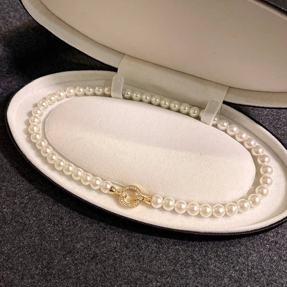 French Elegant Micro Set Zircon Round Buckle Imitation Pearl Beaded Necklace For Women's Temperament Jewelry Sweet Accessories