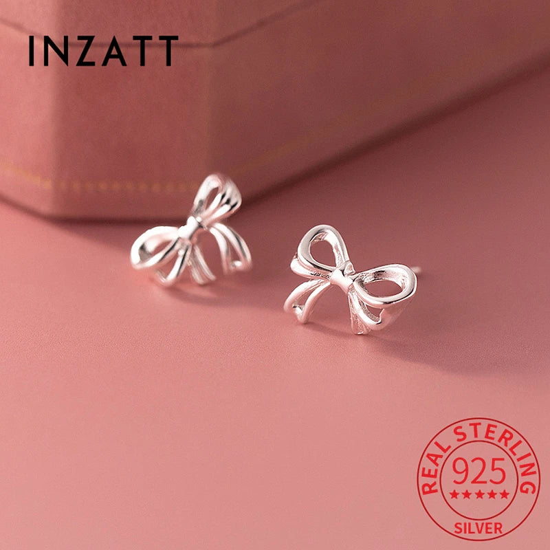 INZATT Real 925 Sterling Silver Hollow Bow Stud Earrings For Women Party Trendy Fine Jewelry Minimalist Accessories