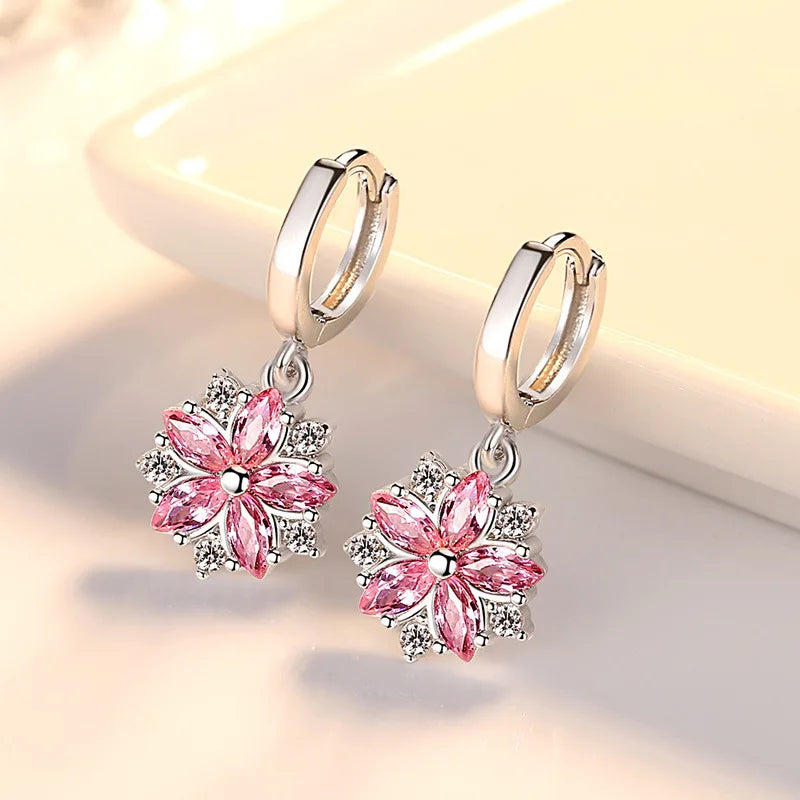 Genuine 925 Sterling Silver Crystal Zircon New Flower Jewelry Drop Earrings For Women XY0056