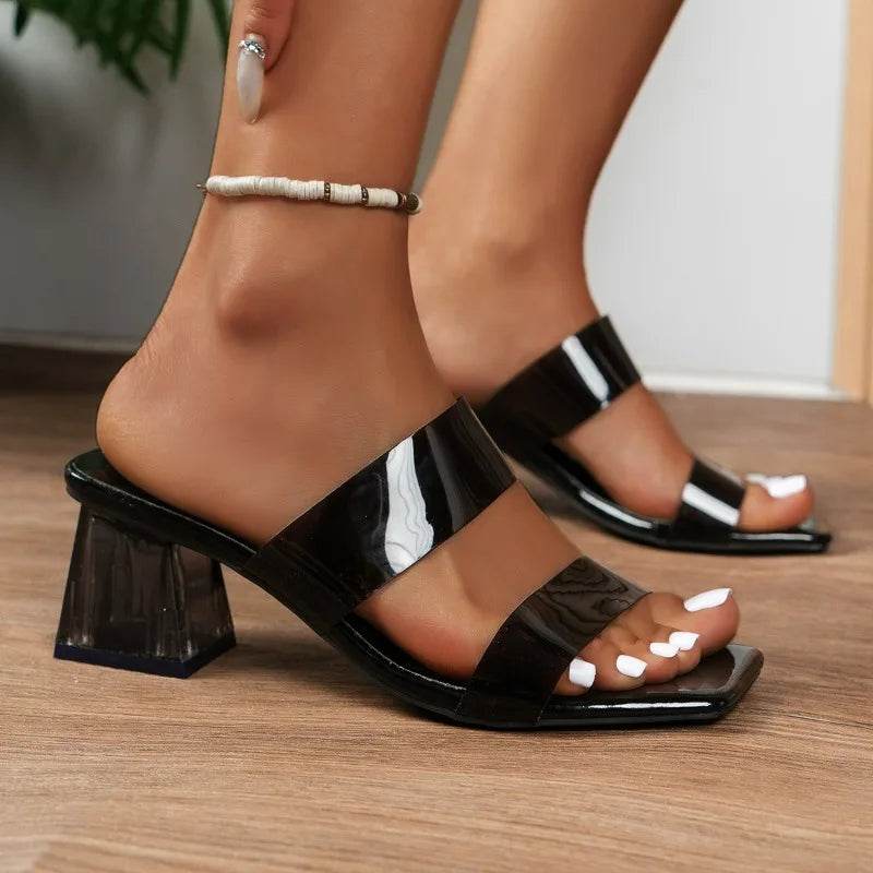 Fashion Women Pumps Slippers Ladies Square Toe Open Toe Slipper Female Slides Summer Shoes High Heels Sandals Zapato Mujer - Imbasat
