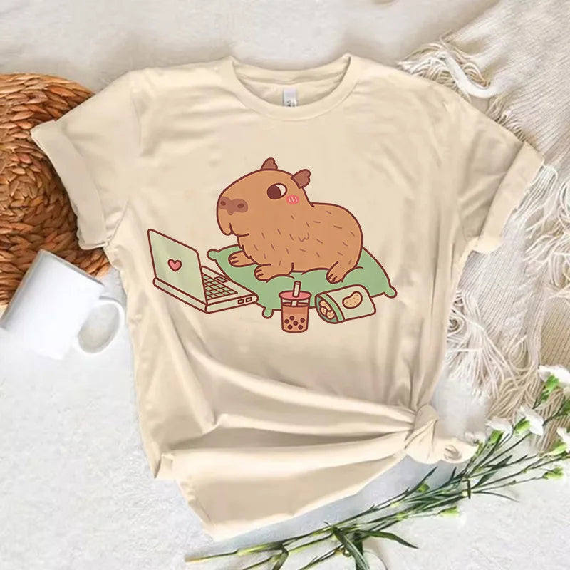 Funny Anime Capybara T Shirt Women Soft Fabric
