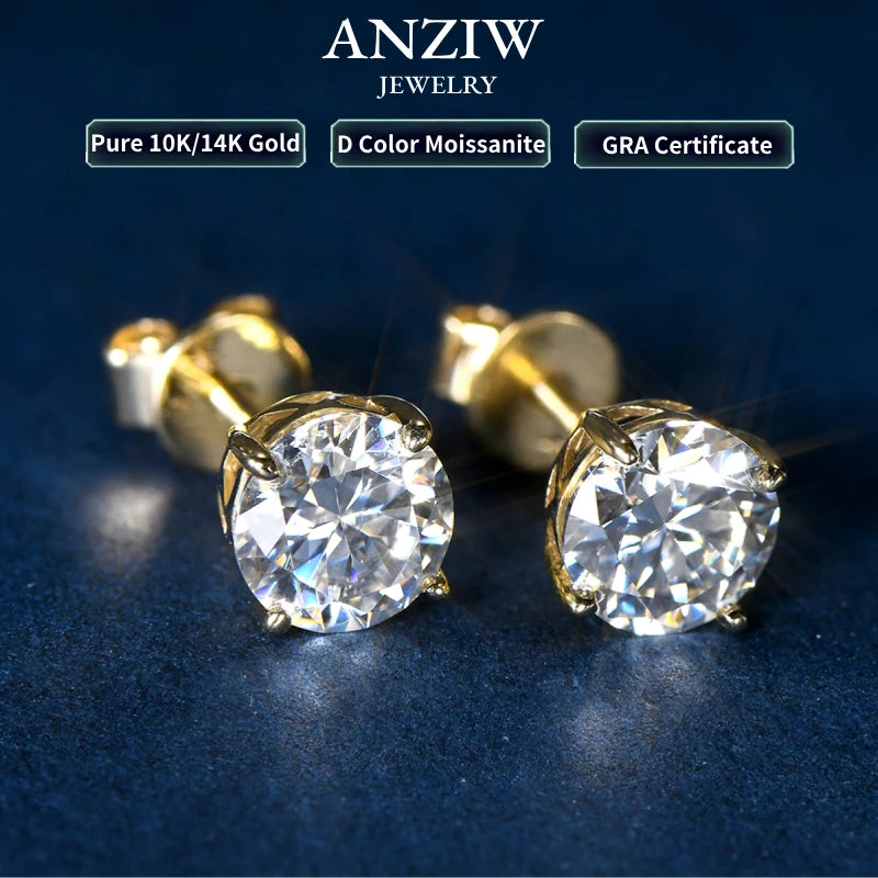 Anziw Pure 10K 14K Gold Stud Earrings D0.80CT Moissanite Earrings