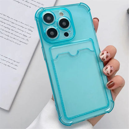 Transparent Card Slot Bag Holder Case For iPhone 16 15 14 13 12 11 Pro Max Mini X XR 7 8 Plus Clear Wallet Shockproof Soft Cover