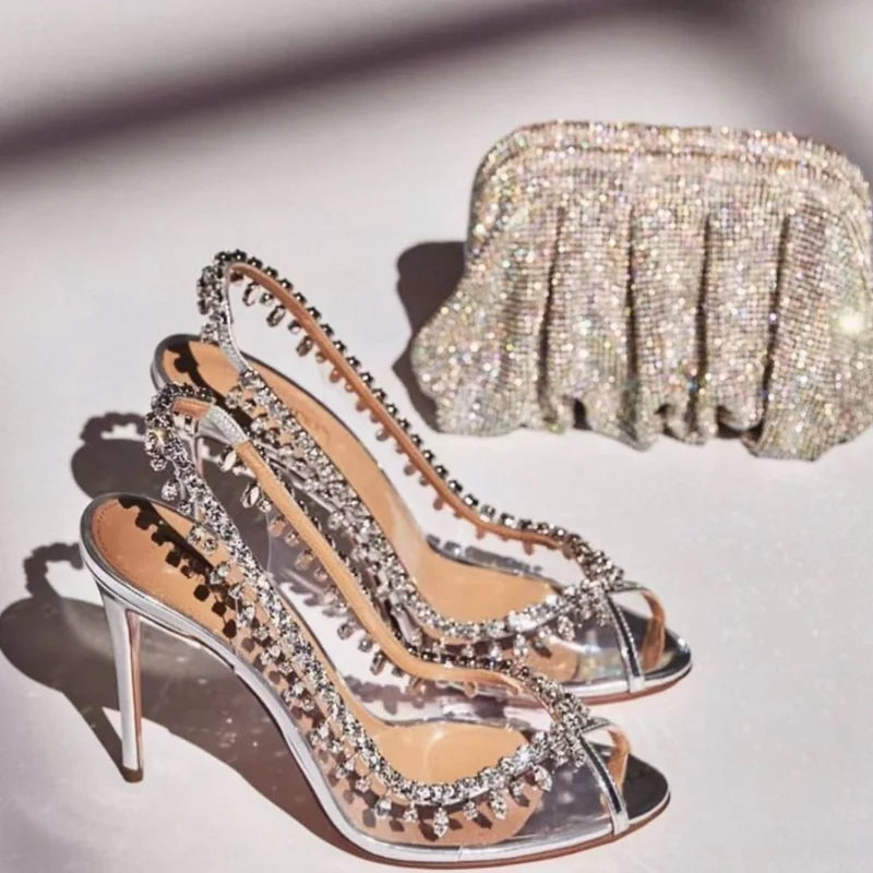 High-heeled Sandals Fish Mouth Transparent with Rhinestone Chain Stiletto Heels