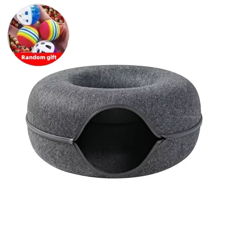 Cat Tunnel Bed for Indoor Cats Scratch Resistant Donut Cat Bed Cave Indoor Cat Hideout Detachable Round Felt & Washable