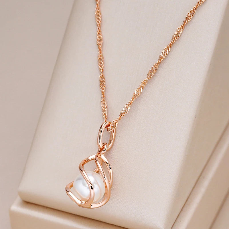 Kinel Luxury 585 Rose Gold Pendant Necklace Unique Geometric Hollow Pearl