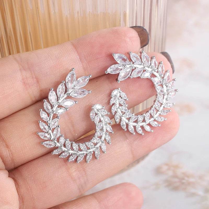Creative Personality Leaf Rhinestone Earrings Geometric Big Round Earrings Ladies Ladies Jewelry 925 Sterling Silver Earrings - Imbasat