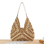 Women Straw Tote Bag Large Capacity Vintage Vacation Shoulder Bag Everything Casual Handbag Designer Hollow Summer Beach Bag - Imbasat
