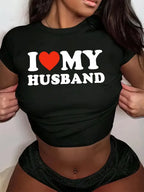 Cropped I Love My Husband Print Crew Neck T-shirt Y2K Short Sleeve Crop