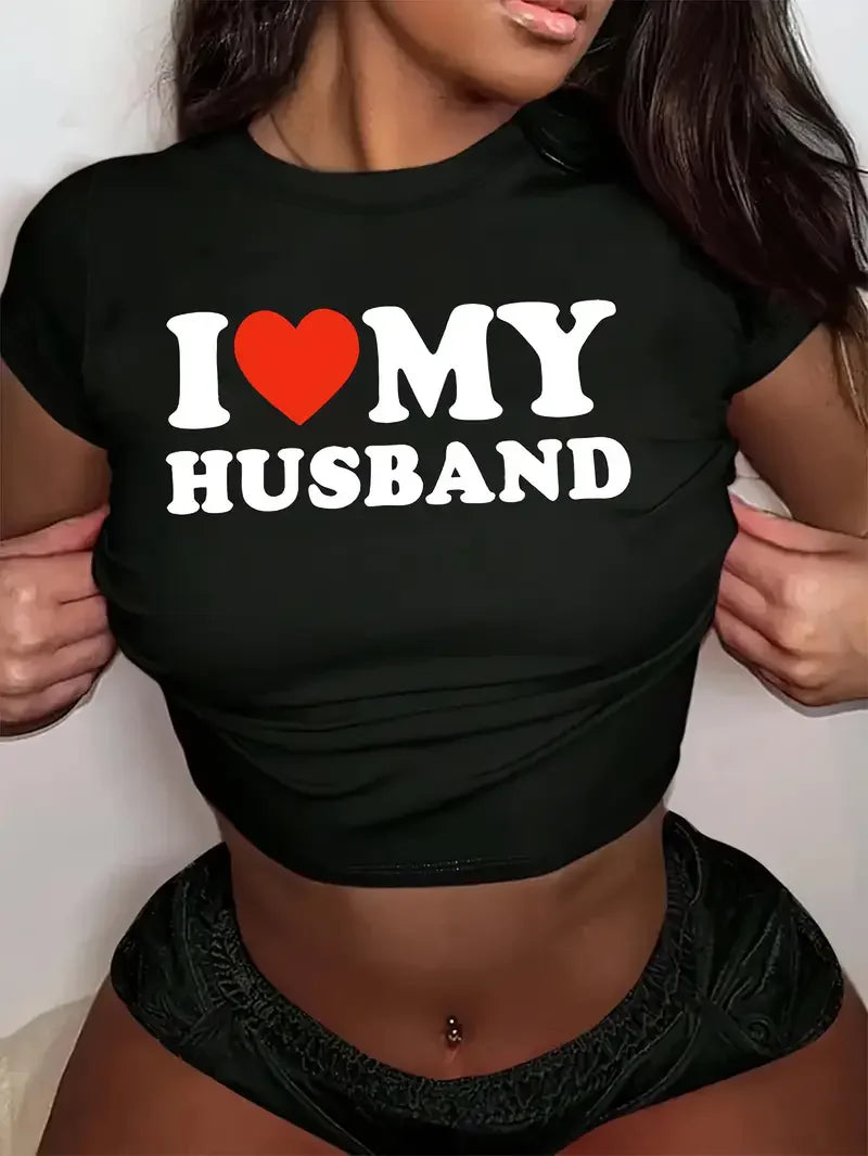 Cropped I Love My Husband Print Crew Neck T-shirt Y2K Short Sleeve Crop