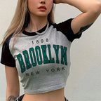 Brooklyn 1898 Letter Print Crop Graphic T-shirt Korean Style