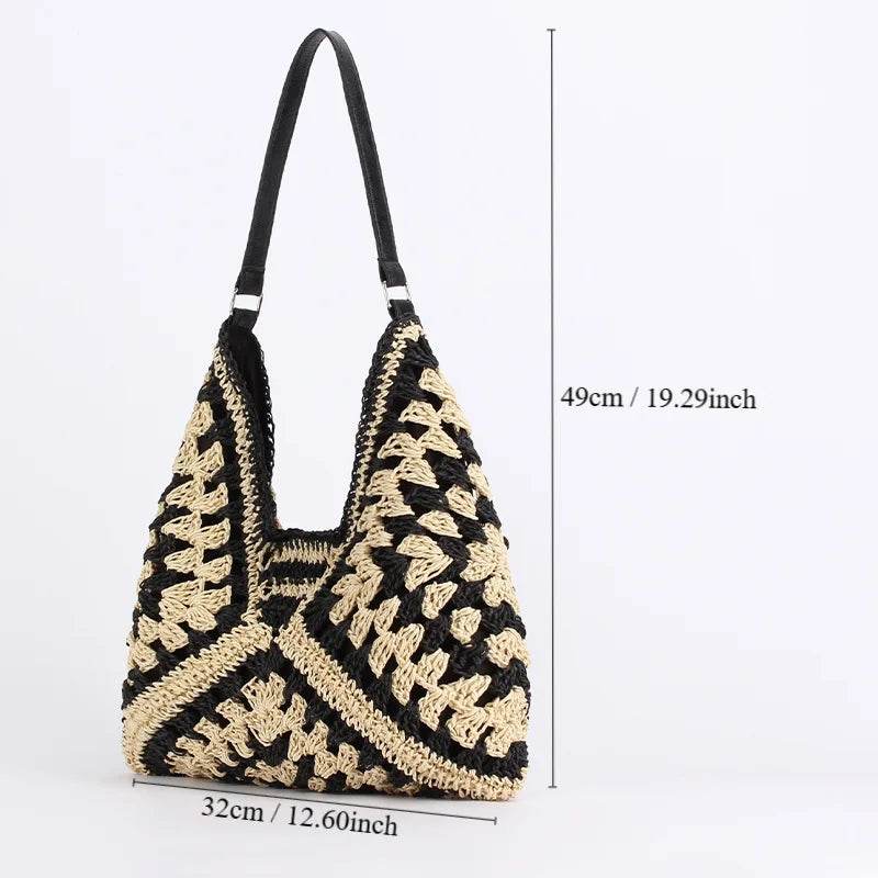 Women Straw Tote Bag Large Capacity Vintage Vacation Shoulder Bag Everything Casual Handbag Designer Hollow Summer Beach Bag - Imbasat